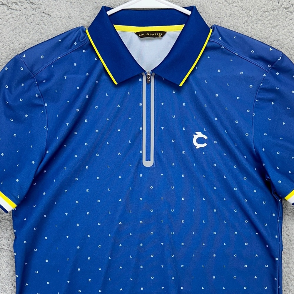 Louis Castel Mens Zipped Polo Shirt Small Blue Geometric Rugby Short Sleeve Logo